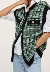 Persoon in een groen, wit en zwart geruite vest met gouden knopen over een wit shirt en lichtblauwe spijkerbroek, met een hand in de zak.