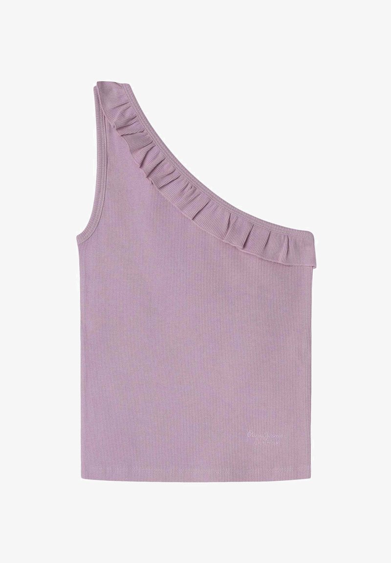 Lila top z enim ramenom, izdelan iz rebraste tkanine, z nabranim izrezom in prilegajočo silhueto. Brez dodatnih okrasitev.