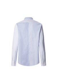 Herren Langarmhemd, blau-weiß gestreift, Button-Down-Kragen, zwei unterschiedliche Streifenmuster, Baumwollstoff, abgerundeter Saum, Knopfmanschetten.