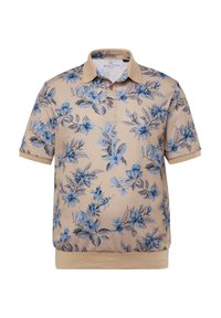 Beige polo tričko s modrým květinovým vzorem, krátkými rukávy, límečkem a pevným dolním lemem.