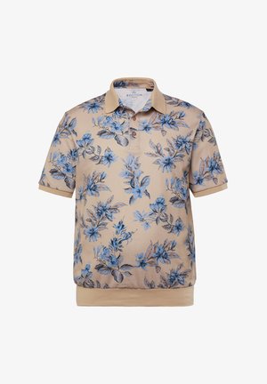 Beige polo shirt met een blauwe bloemenprint, korte mouwen, een kraag en een effen stof onderrand.