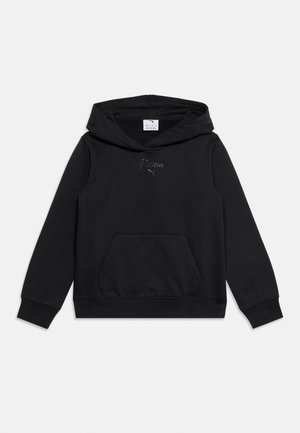Sweat à capuche noir à manches longues avec poche kangourou à l’avant et logo Puma discret au centre de la poitrine.