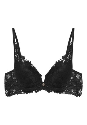 Black lace bra featuring padded cups, decorative lace trim, adjustable straps, and a gold-tone center embellishment.