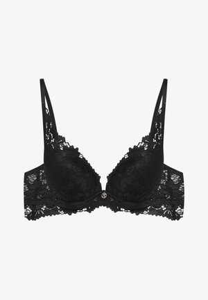 Black lace bra featuring padded cups, decorative lace trim, adjustable straps, and a gold-tone center embellishment.