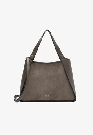 Bruine leren handtas met een gestructureerde afwerking, brede opening en dubbele handgrepen. Voorzien van een gouden logo aan de basis en een slanke, gestructureerde vorm.