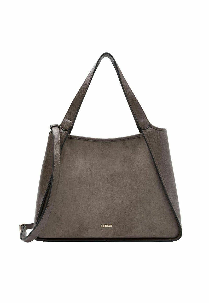 Borsa a mano in pelle marrone con finitura strutturata, apertura ampia e doppio manico. Presenta un logo dorato alla base e una forma elegante e strutturata.