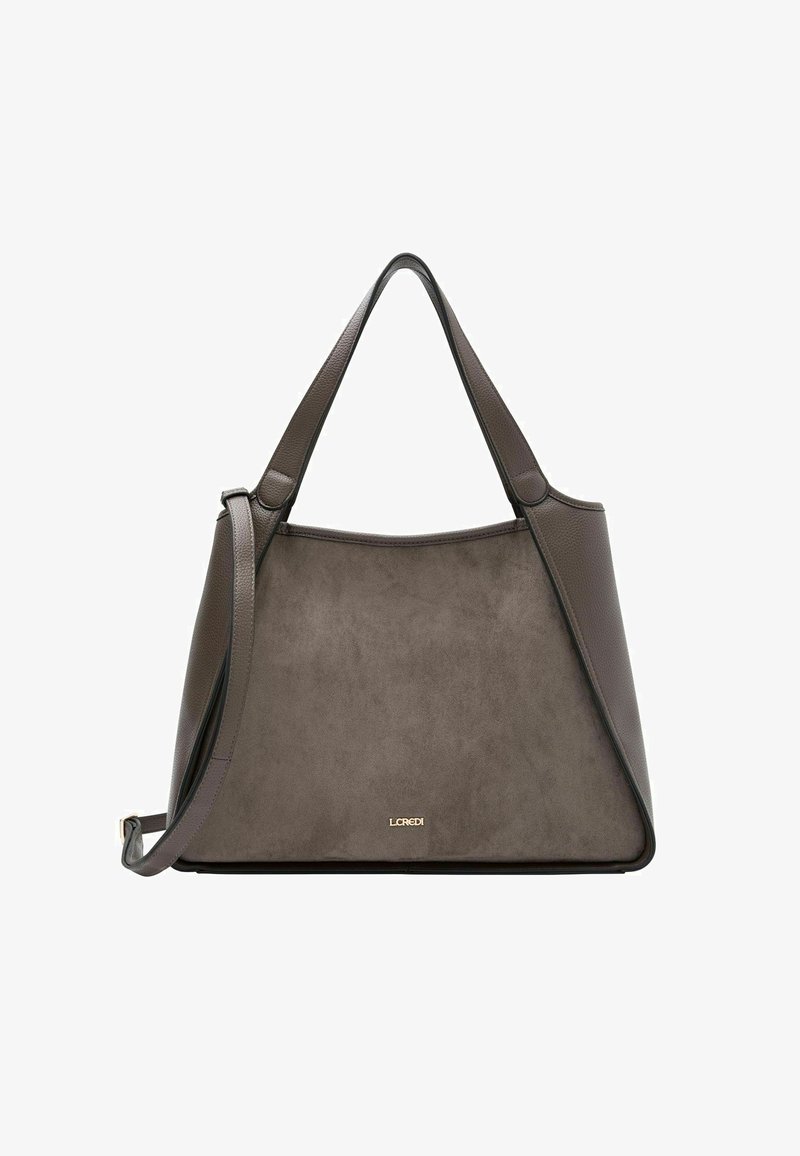 Braune Lederhandtasche mit strukturierter Oberfläche, breiter Öffnung und doppelten Griffen. Verfügt über ein goldenes Logo an der Basis und eine elegante, strukturierte Form.