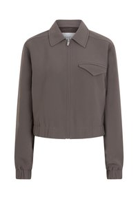 Kort, bruine jas van soepel materiaal met een ritsluiting, puntige kraag en één borstzak. Heeft elastische manchetten en een elastische zoom.