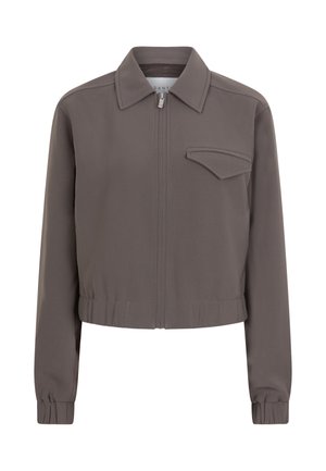 Gekürzte, braune Jacke aus glattem Stoff mit Reißverschluss, spitzem Kragen und einer Brusttasche. Mit elastischen Bündchen und Saum.