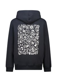 Black hooded sweatshirt featuring a white graphic design on the back, with abstract shapes, hands, and figures, on a soft fabric.