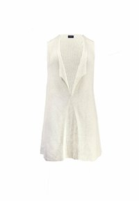 Knit sleeveless vest in off-white, featuring an open front, ribbed texture, and a loose, flowing shape. No fastenings or patterns.