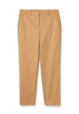 Beige Anzughose aus glattem Stoff, mit geradem Schnitt, seitlichen Taschen und einem einzigen Verschluss vorne.