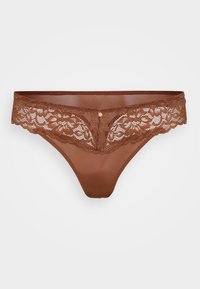 Hnědé krajkové tanga s květinovým vzorem, průhlednými boky a hladkým zadním dílem. Zlatý akcent vpředu dodává detail designu.