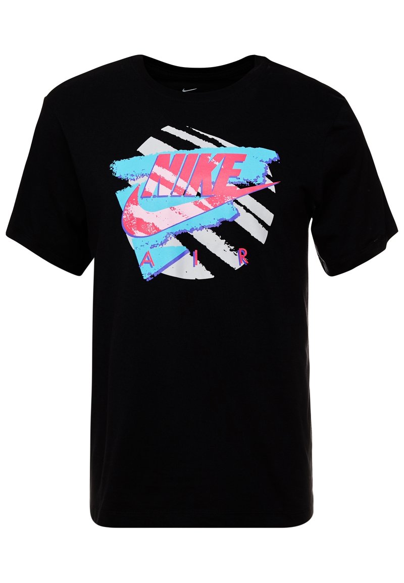 Černé bavlněné tričko s barevným designem loga Nike, které má modré, růžové a bílé akcenty. Krátké rukávy a styl crew neck.