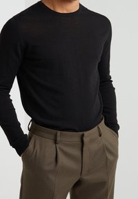 Schwarzer Pullover mit langen Ärmeln und Rundhalsausschnitt aus weichem Material, kombiniert mit maßgeschneiderten, olivgrünen Hosen mit Falten undSeitentaschen.