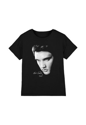 Black t-shirt featuring a grayscale close-up portrait of a man with slicked-back hair and serious expression, signed below in cursive.