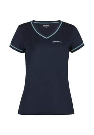Dunkelmarineblaues, kurzärmeliges Sport-T-Shirt mit V-Ausschnitt, hellblauer Rand an Kragen und Ärmeln, kleines weißes Logo auf der linken Brust.