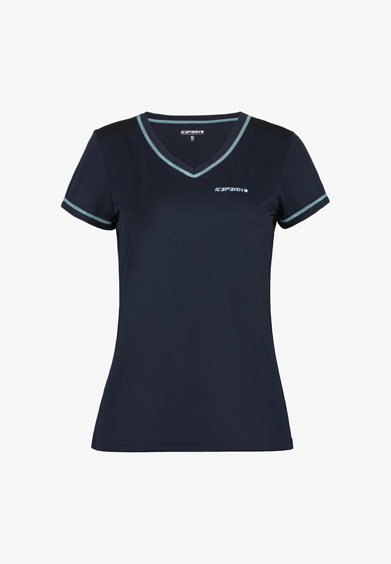 Mørk marineblå kortærmet V-hals sports-T-shirt med lyseblå kant på krave og ærmer, lille hvidt logo på venstre bryst.