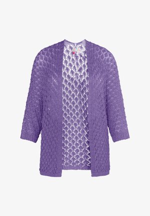 Otvorený kardigán z ľahkej, textúrovanej fialovej priadze so vzorom diamantovej mriežky a rukávmi po tridsiaty.
