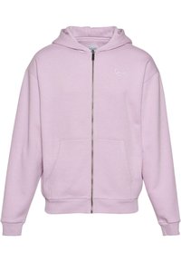 Lyserosa zip-up hettegenser laget av mykt stoff, med en frontlomme, ribbestrikkede mansjetter og hette. Lite brodert logo på brystet.