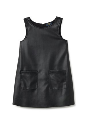 Vestido negro sin mangas hecho de piel sintética, con dos bolsillos frontales y un escote redondeado. Textura suave con detalles de diseño mínimos.