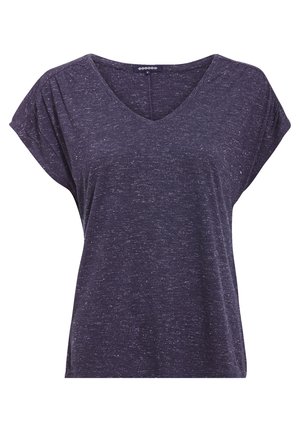 Donkerpaarse T-shirt met korte mouwen en V-hals, gemaakt van gestructureerde stof met een spikkelpatroon. Ontspannen pasvorm en casual ontwerp.