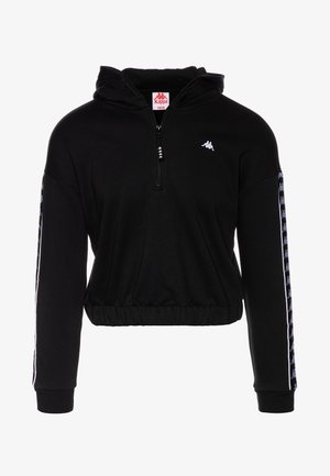 Haut à capuche noir avec fermeture zippée à mi-hauteur, taille élastique et logo Kappa. Accents décoratifs blancs et bleus sur les manches. Tissu doux.