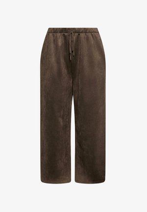 Bruine wijde broek gemaakt van zachte, gestructureerde stof. Voorzien van een elastische tailleband met een trekkoord en een subtiele glans.