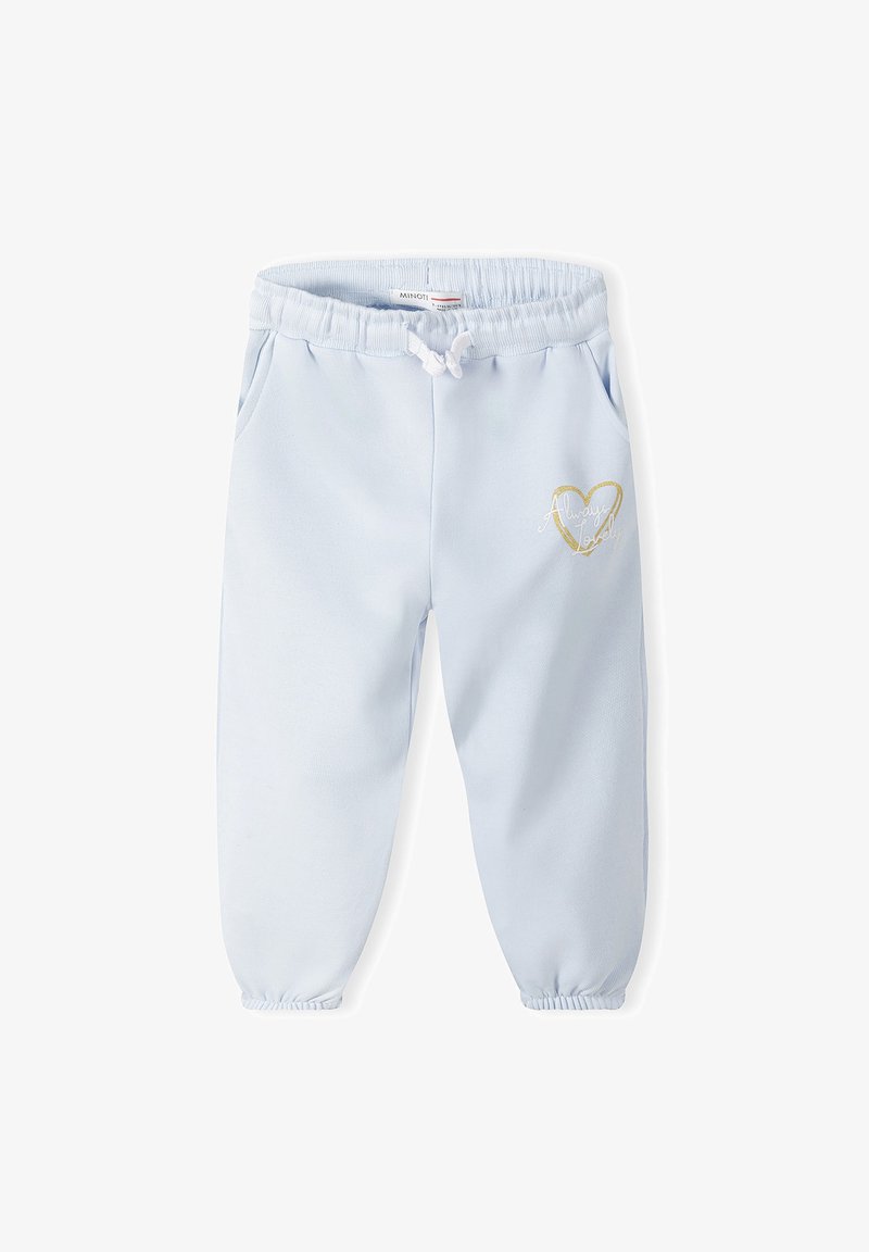 Gaiši zili sporta bikses no mīksta auduma. Tām ir elastīga josta ar auklu, sānu kabatas un zelta sirds grafika ar uzrakstu.