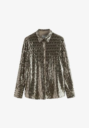 Svetlikasta srajca v odtenkih srebrne in temno sive. Ima sprednje gumbke, ovratnik in dolge rokave. Gladka tekstura z sijočimi poudarki.