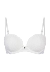 Vitt spetsbh med vadderade kupor och justerbara band. Har en liten rosett och en smyckesdetalj i mitten, med ett blommigt spetsmönster.