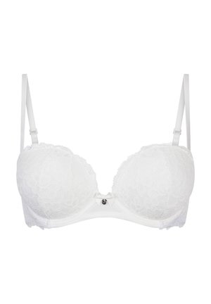 Witte kanten bh met padded cups en verstelbare bandjes. Heeft een klein strikje en een juweel detail in het midden, met een bloemenkant patroon.