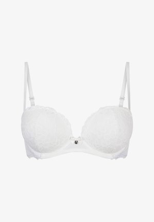 Soutien-gorge en dentelle blanche avec bonnets rembourrés et bretelles réglables. Présente un petit nœud et un détail en gemme au centre, avec un motif en dentelle florale.
