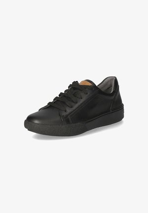 Schwarze Leder-Sneaker mit glatter Oberfläche, abgerundeter Spitze und strukturiertem Gummisohle. Eigenschaften sind flache Schnürsenkel und ein dezenter brauner Akzent an der Ferse.