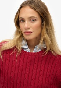 Czerwony sweter dziergany z wzorem warkoczowym, noszony na niebiesko-białej koszuli w paski z kołnierzykiem. Gładka tekstura, okrągły dekolt.