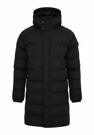Black puffer coat with a hood, featuring two zippered chest pockets, two front patch pockets, ribbed cuffs, and quilted texture throughout.