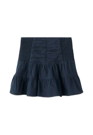 Minigonna a balze blu navy con lati arricciati, pannello centrale raccolto e dettaglio orlo smerlato.