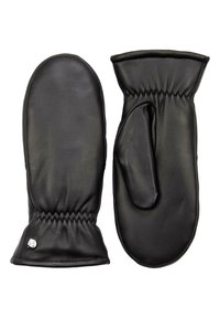 Schwarze Lederhandschuhe mit glatter Textur, elastischen Bündchen und einer gesteppten Gestaltung. Sie verfügen über ein metallisches Logo im Handgelenkbereich.