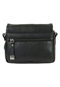 Borsa a tracolla nera in pelle con tasca anteriore con zip, superficie testurizzata e dettagli in metallo argentato. Forma rettangolare compatta.