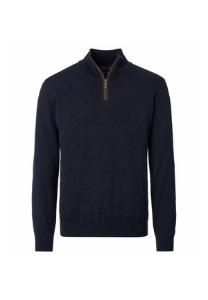 Dark navy blue long-sleeve pullover sweater with a quarter-zip collar and ribbed cuffs and hem.