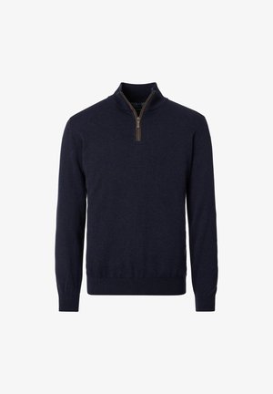 Dunkelblaues Langarm-Pullover mit Viertelreißverschluss-Kragen sowie gerippten Bündchen und Saum.
