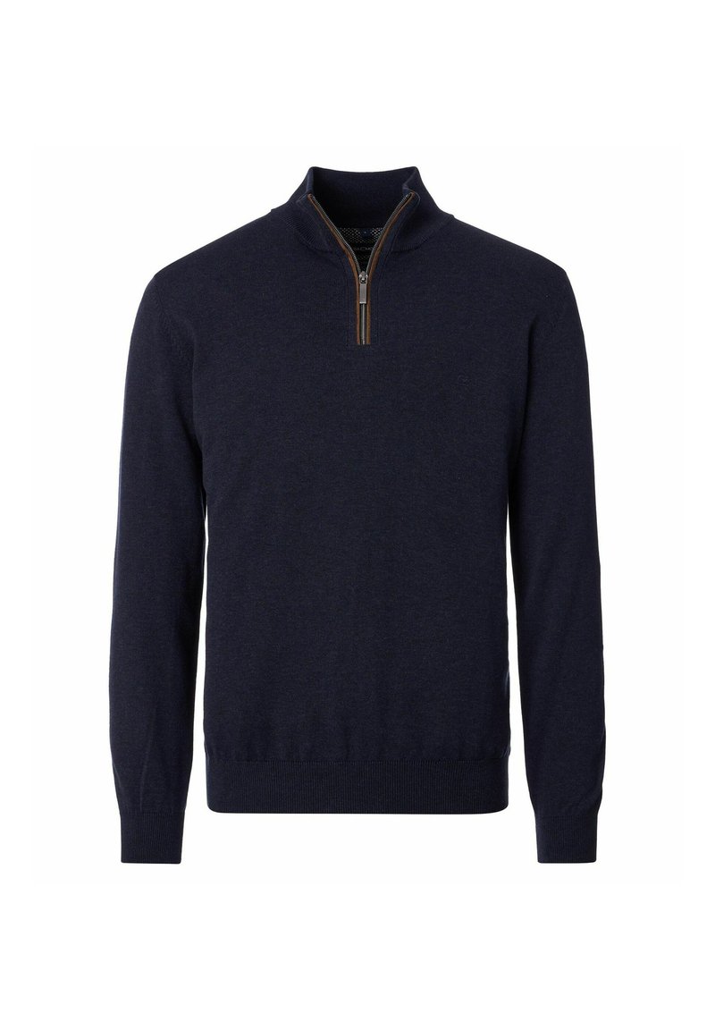 Dunkelblaues Langarm-Pullover mit Viertelreißverschluss-Kragen sowie gerippten Bündchen und Saum.