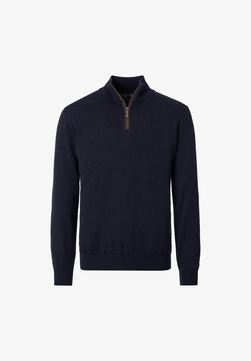 Dunkelblaues Langarm-Pullover mit Viertelreißverschluss-Kragen sowie gerippten Bündchen und Saum.