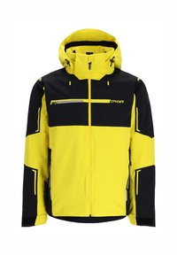 Gelb und schwarze Skijacke mit einem Reißverschluss, verstellbarem Kapuze, reflektierenden Akzenten und mehreren Taschen in modernem Design.