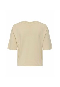 Beige, korte mouwen t-shirt met een ruime pasvorm, ronde halslijn en een gladde textuur. Heeft gestikte zomen en een eenvoudig ontwerp.