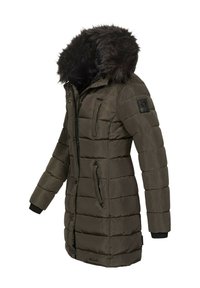 Padded olive green parka with a faux fur-lined hood, black ribbed cuffs, two zippered side pockets, and a logo patch on the sleeve.