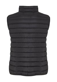 Schwarze ärmellose Weste mit gestepptem Design, ausgestattet mit horizontalen Nähten und einem hohen Kragen. Glatte Textur und kompakte Form für Wärme.
