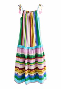 Multicolored striped sundress with a smocked bodice, adjustable ties, and tassels. Features a flared skirt with layered horizontal stripes.