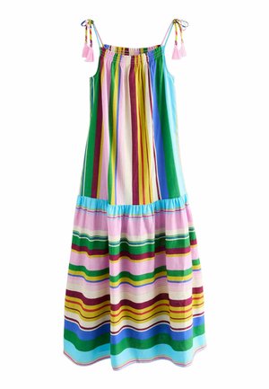 Multicolored striped sundress with a smocked bodice, adjustable ties, and tassels. Features a flared skirt with layered horizontal stripes.