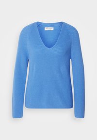 Long-sleeve blue knit sweater with V-neck, ribbed texture, and relaxed fit.
